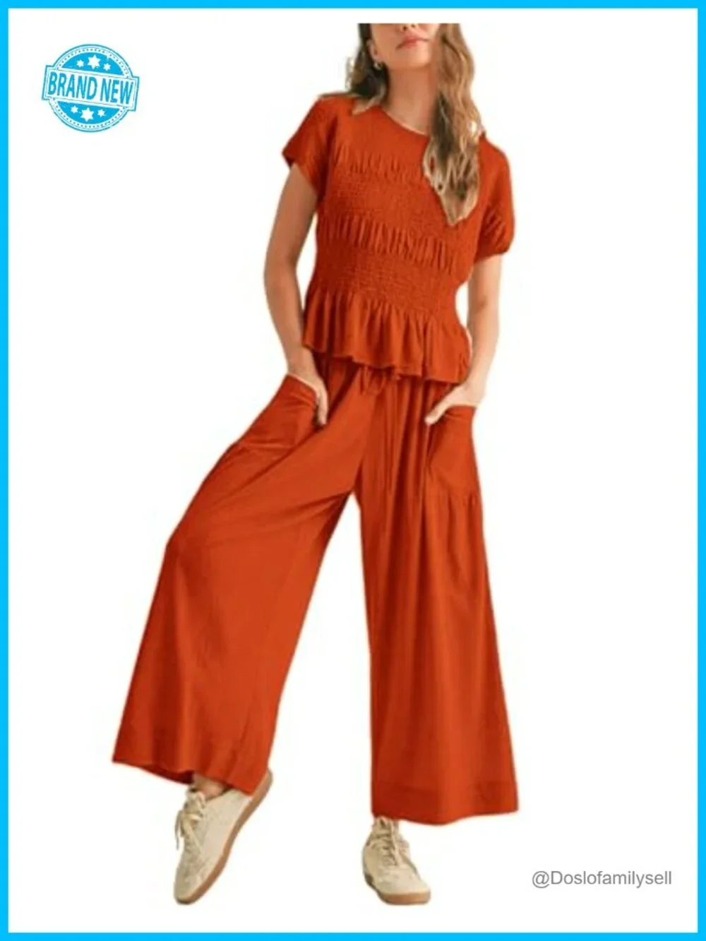 Womens 2 Piece Smocked Top Wide-Leg Pants Set Lounge Outfit with Pockets
